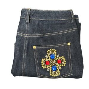 St. John Jeans‎ Dark Indigo Straight Leg Jeweled Embellished Back Pocket Denim
